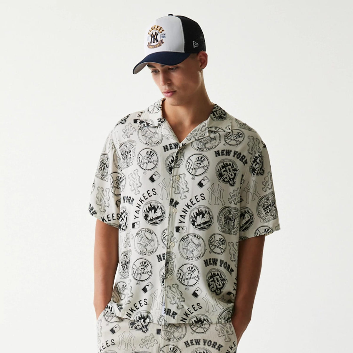 MLB Subway Series All Over Print Open White Short Sleeve Shirt-kentox
