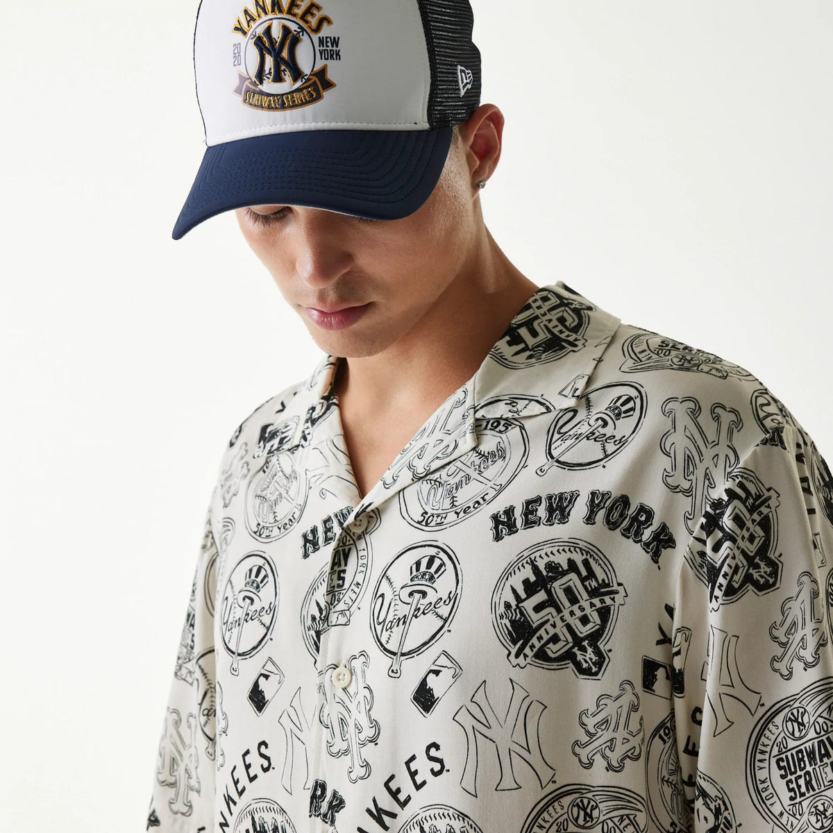 MLB Subway Series All Over Print Open White Short Sleeve Shirt-kentox