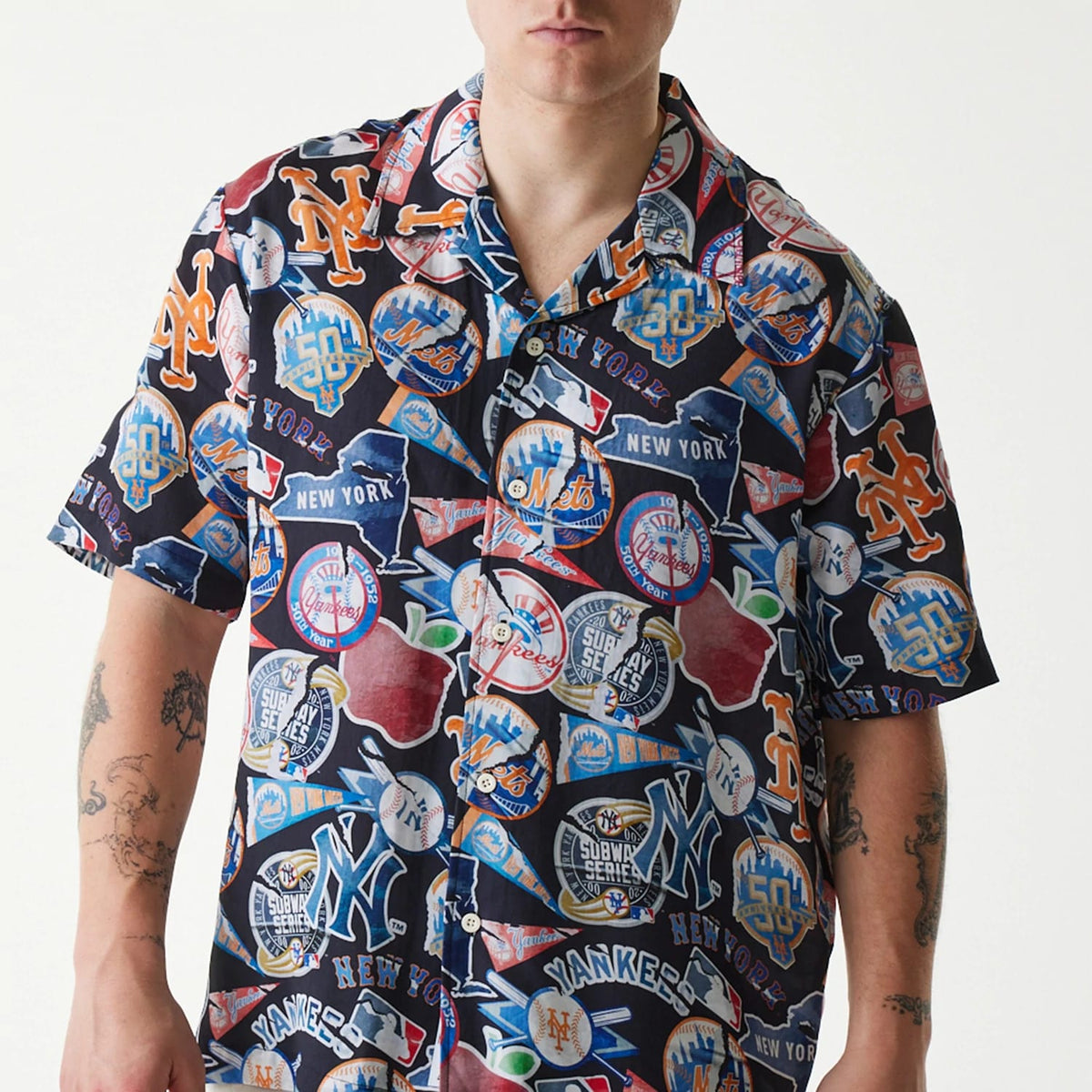 MLB Subway Series All Over Print Navy Short Sleeve Shirt-kentox