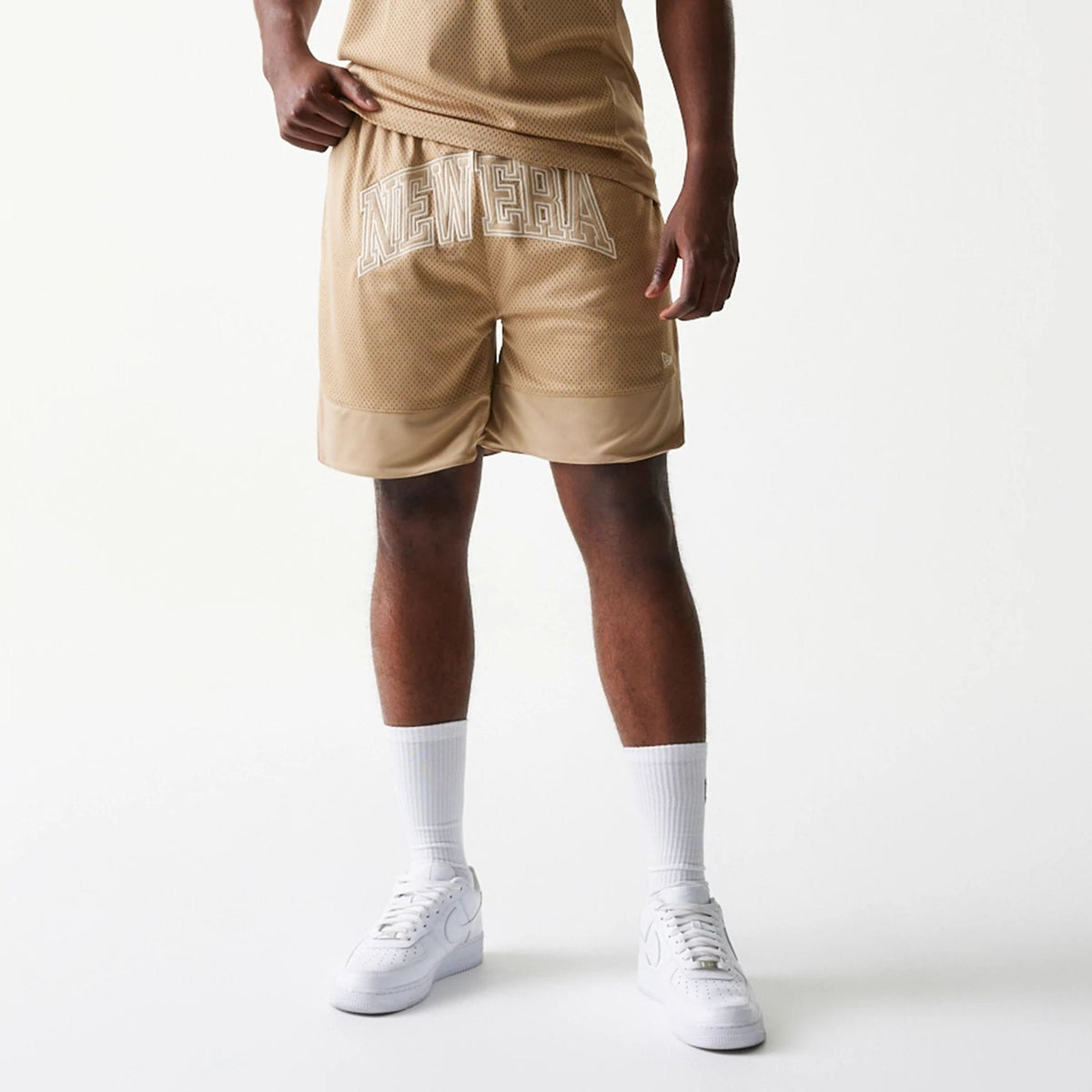 New Era Mesh Graphic Light Beige Oversized Shorts-kentox