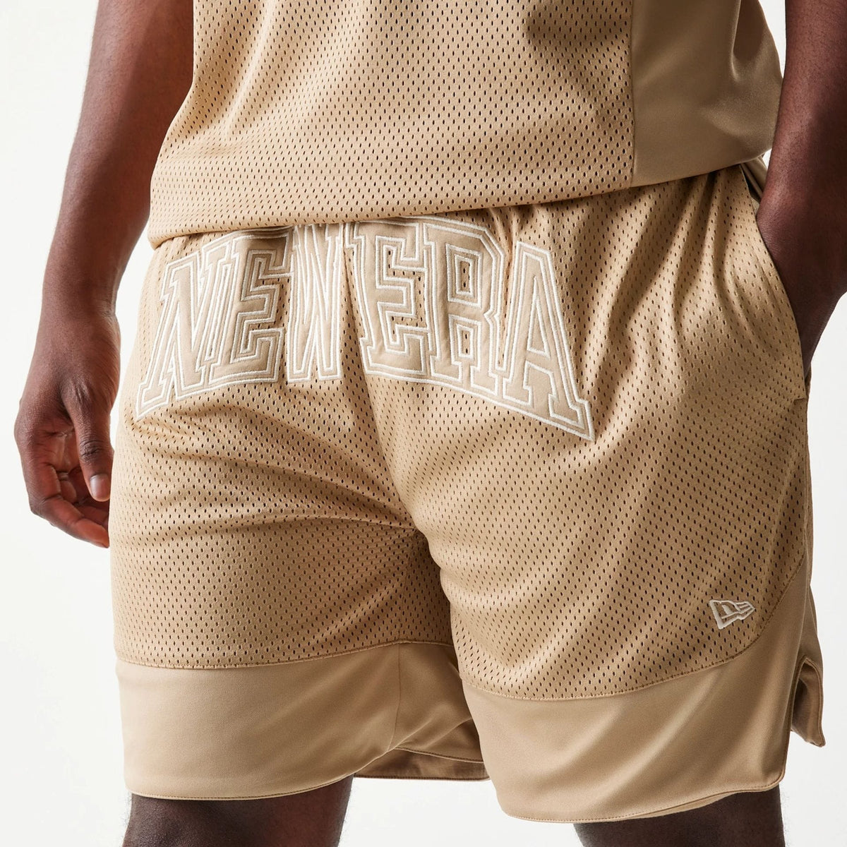New Era Mesh Graphic Light Beige Oversized Shorts-kentox