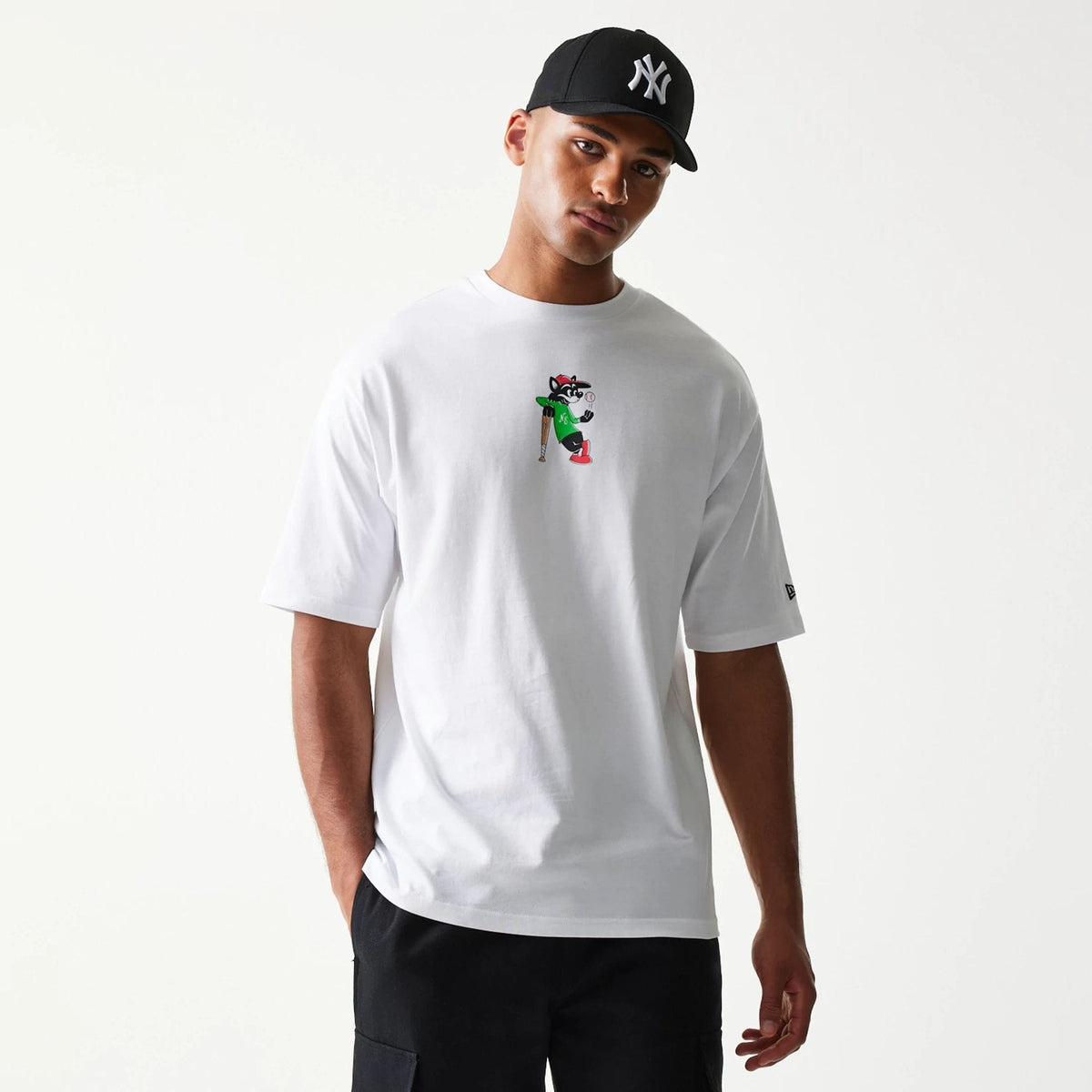 New Era Baseball Cat Character Graphic White Oversized T-Shirt-kentox