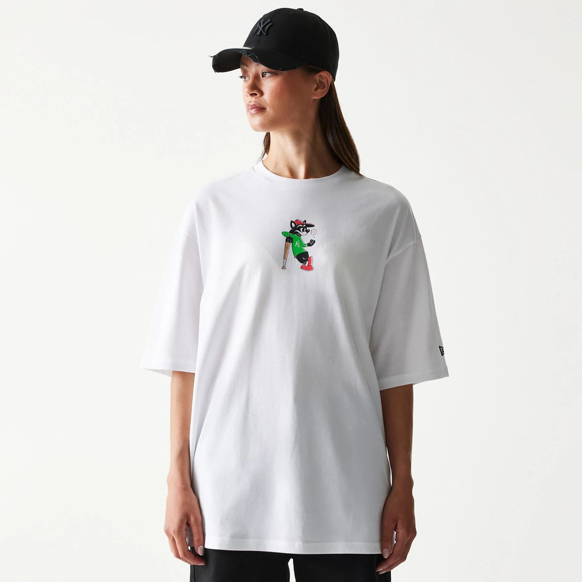 New Era Baseball Cat Character Graphic White Oversized T-Shirt-kentox