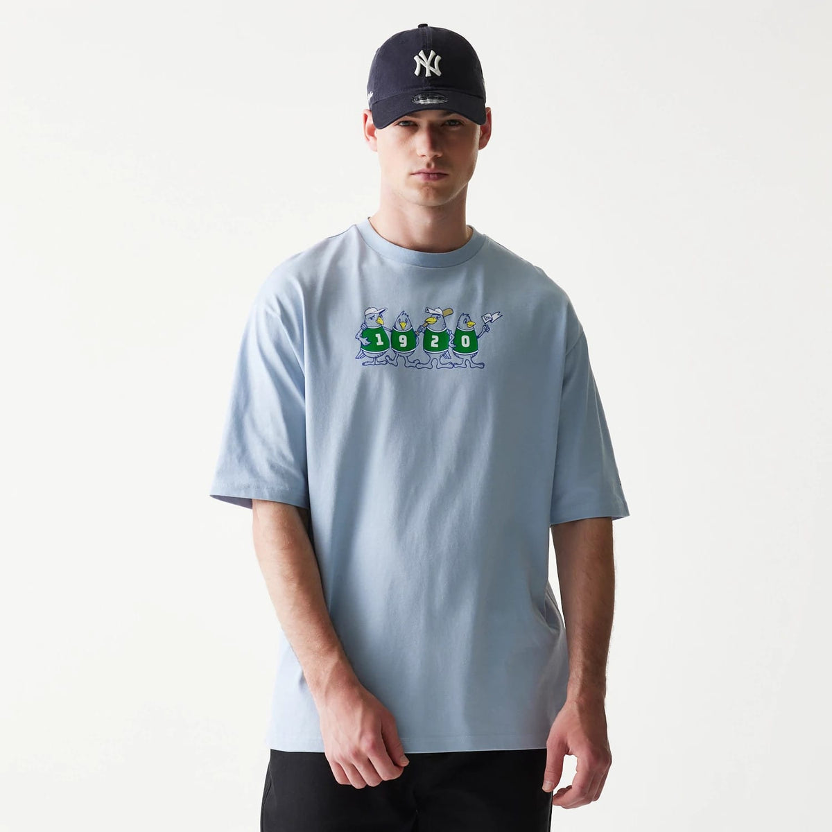 New Era Baseball Birds Character Graphic Blue Oversized T-Shirt-kentox