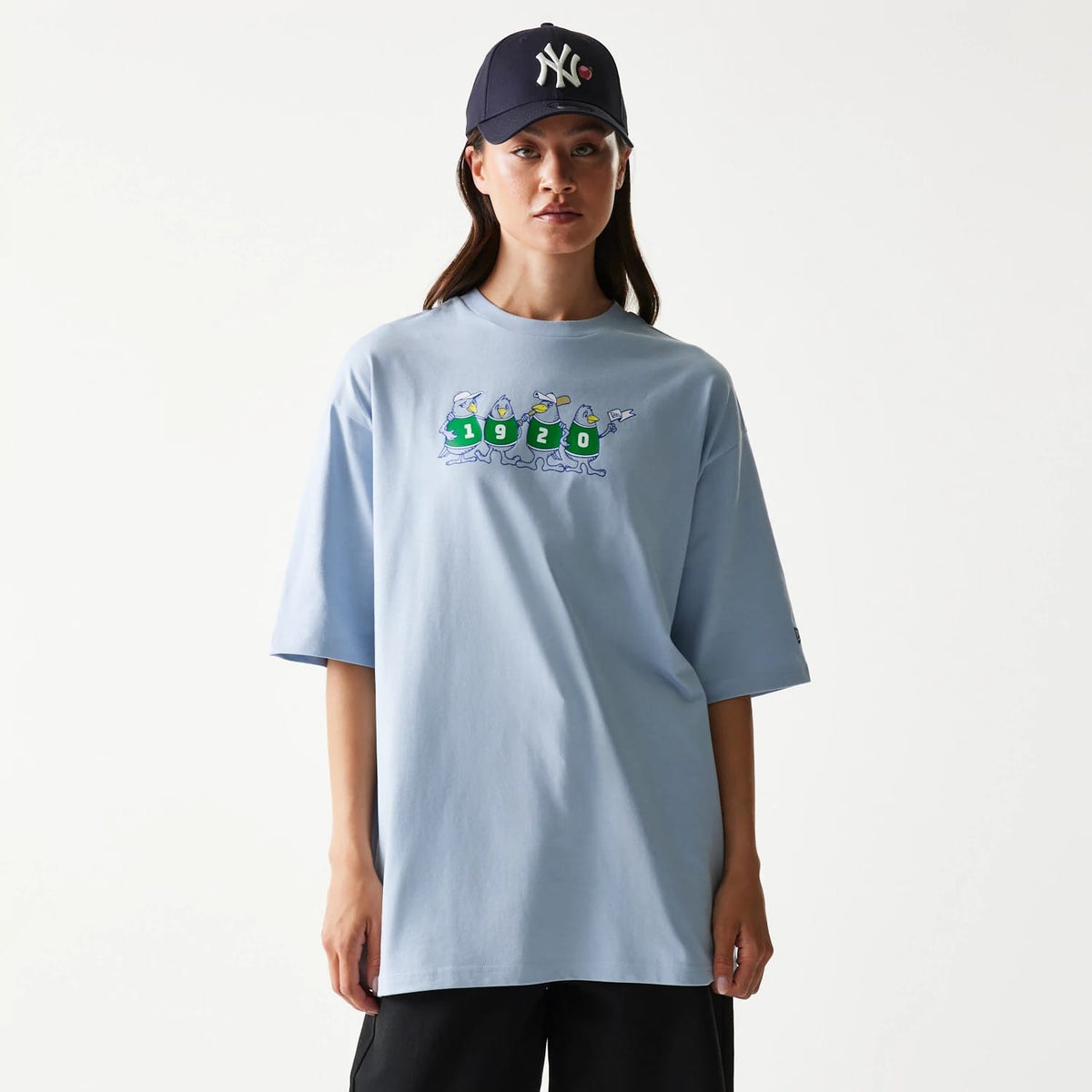 New Era Baseball Birds Character Graphic Blue Oversized T-Shirt-kentox